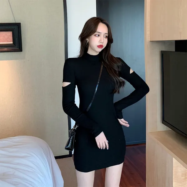 올데이퀸 여성 기모 원피스 빅 사이즈 블랙 섹시 소심기가 날씬해 보이는 가을겨울 2019 신