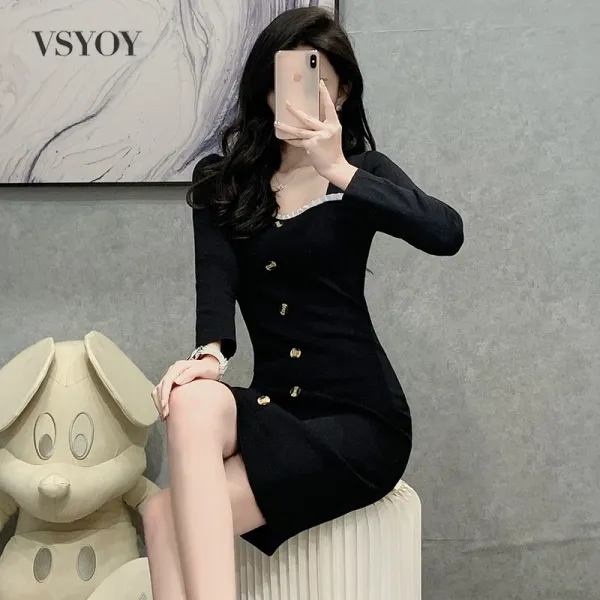 VSYOY 프렌치넥 니트 원피스 봄가을 여성 인테리어 스커트