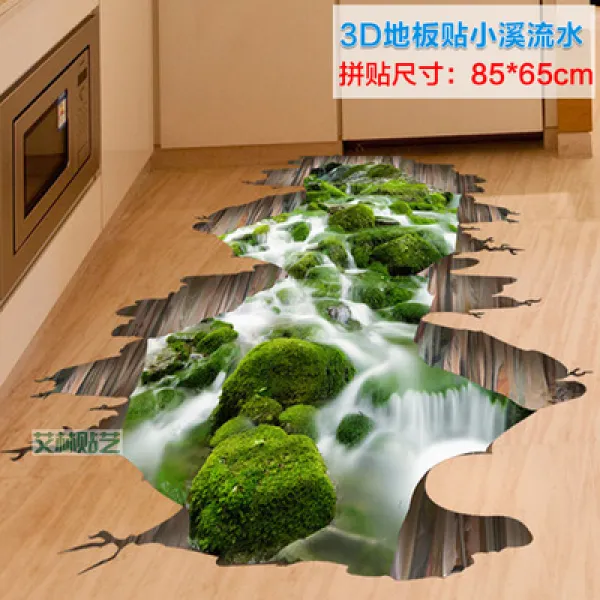 장판 아이디어 타일바닥 면장식 바닥 스티커 내마모 화장실 바닥스티커 방수스티커 3d입체 벽스티커, T07-그린색 시냇물 90*60cm, C01-대