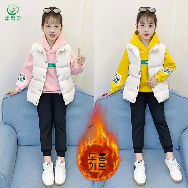 셀럽당 청소년 소녀용 기모 후드 베스트 세트 3종 세트 트레이닝복 상하 세트 라운드 넥 면 티 셔츠 패딩 조끼 3PCS