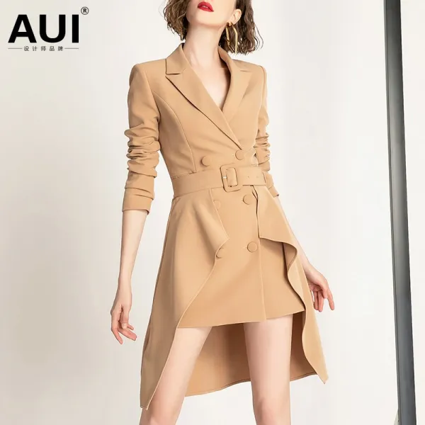 더블수트 AUI 봄가을 디자인감각 보이핏 볼륨 스타일리쉬 셋업 유럽산이 작다 양복코트 여성 1701095676, 카키브라운 벨트