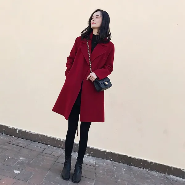 여자울코트 레드 울 코트 2019겨울옷 미들롱타입 끈이있는 허리조임 날씬해보이는 분위기있는 미지물외투