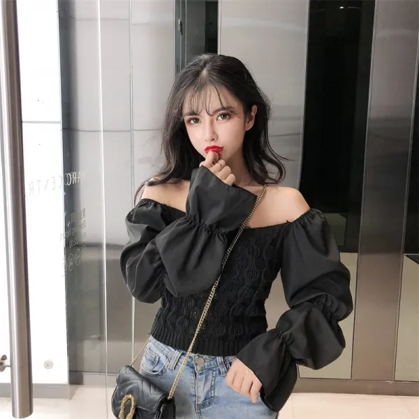 블링블링 우먼실제 샷 가을과 겨울 새로운 프랑스어 광장 칼라 단어 어깨 두 칼라 노출 허리 허리 바느질 랜턴 소매 틈새 셔츠 여성53939