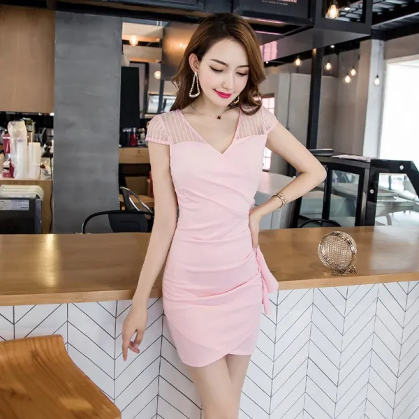 에이프릴래빗 예쁜옷 여성 클럽룩 섹시 클럽룩 섹시 로우컷 브이넥 반팔 스커트 6se852