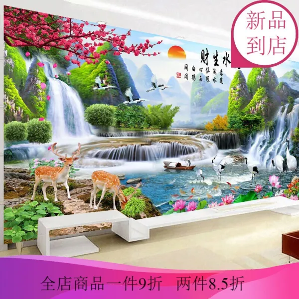 거실 장식 산수 벽지 16d 텔레비전 배경 벽 벽지 5d 유수 생재 산수화 8d 입체 거실 장식 영상 물 벽지 독일 16d 요철 입체 부조 진스 무 틈 벽지 + 전용 풀