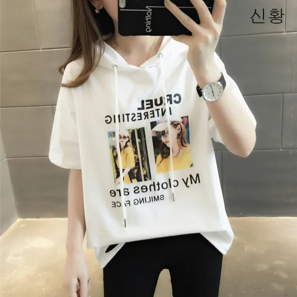 Wx 2019여자 반소매 후드 캐주얼 티셔츠 반소매티 루즈핏 0505여름신상 A04