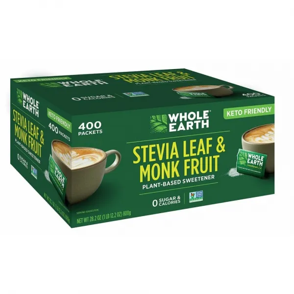 Whole Earth Sweetener 홀 얼쓰 스테비아 리프 & 나한과 몽크 프룻 스위트너 2g 400개입 Stevia Leaf Monk Fruit 400 Count, 1팩