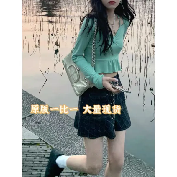 1 잊어버리다 모두 에어 뭉치 애완 만인의 미혹 리본 스트랩 숏 달콤하고 맵다 크롭 상의 여성 춘풍