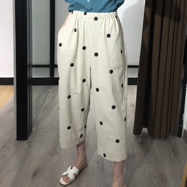 하오타오 자수 팬츠 식체 점풍 칸 도트 안 드로스트링 스트랩 바지