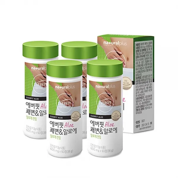 내츄럴플러스 에버핏 쾌변 알로에정 알로에 전잎 겔 알약형태 무수바바로인 알로인 베라 아보레센스 장건강 타블렛 식이섬유, 60정, 4병