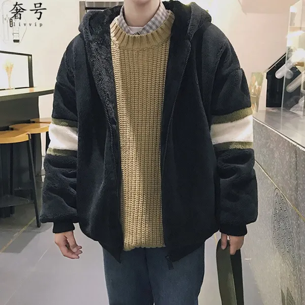 노피팅 겨울 남녀공용 양털 벨로아 후리스 배색 덤블 후드 집업 점퍼 자켓