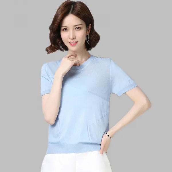 패션이루 미시 반팔 티셔츠 여름 슬림핏 숏 라운드넥 니트 티