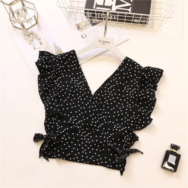 도깨비몰 여성 여름 도트 쉬폰 블라우스 V넥 프릴 밴딩 민소매 랩 컬러 리본 포인트룩 590943140256