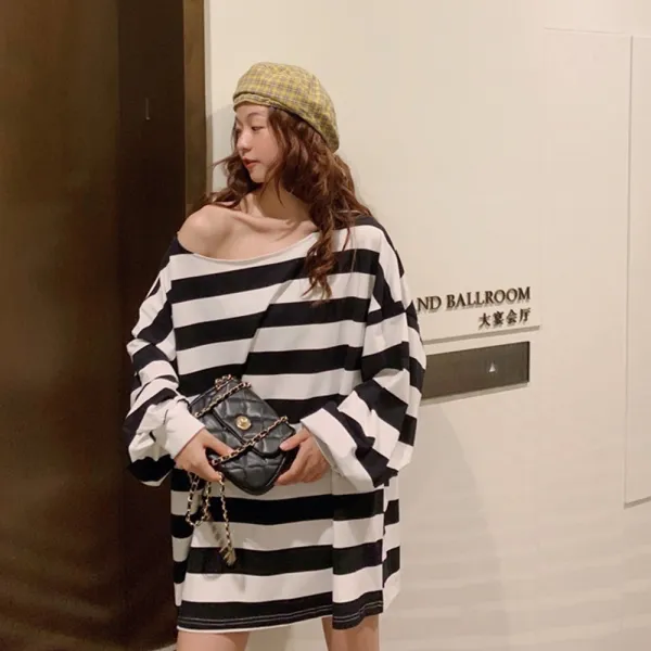  제로의 옷장 스트라이프 오버핏 롱 티셔츠 Ga1007a08