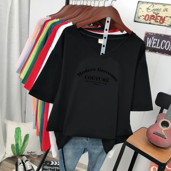 빅 사이즈 여성 반팔 티셔츠 여 년 여름 오버핏 통통 Mm 순면 V넥 상의 200