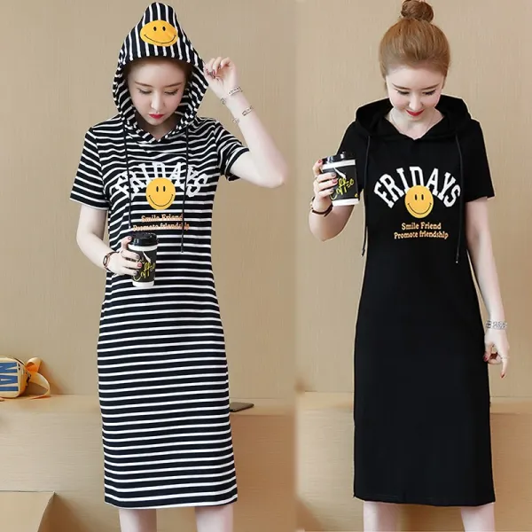 패션이루 반팔 원피스 후드 미시 캐주얼 스트라이프 여름 슬림