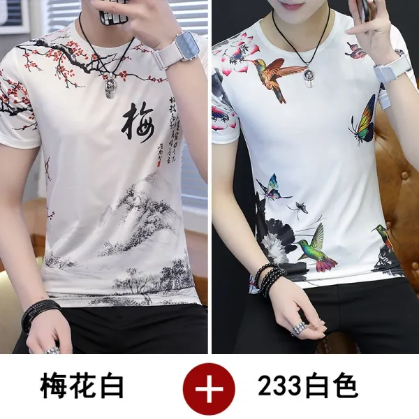 영캐주얼 반소매 인스트릿 기본 체형커버 라운드넥 청년 M552771, 매화 화이트 233하얀