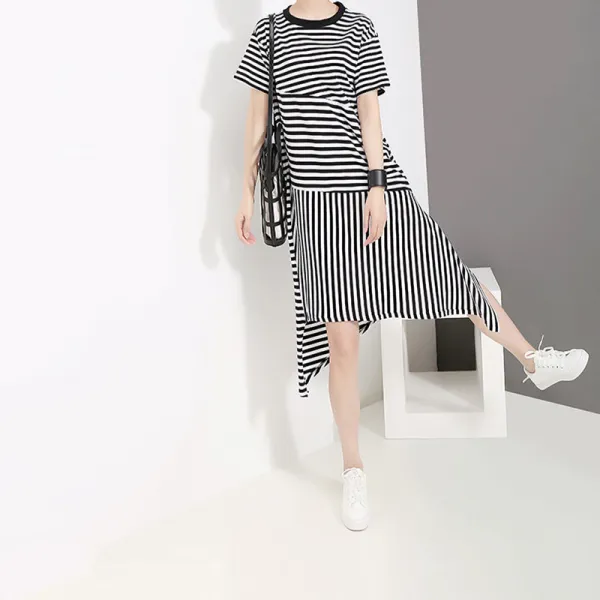 패션이루 라운드넥 스트라이프 반팔 원피스 미시 언발 루즈핏