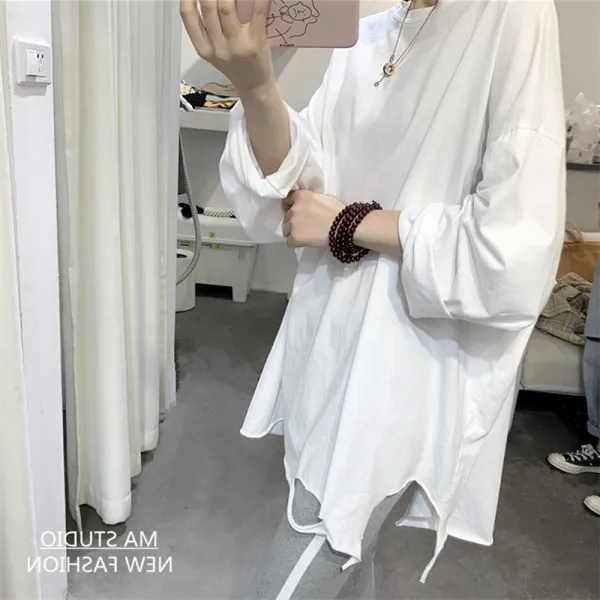 와이드 루즈핏 깨지다 굴 소매 흰색티셔츠 하프기장 융 이너티셔츠 이너웨어 겨울 가을