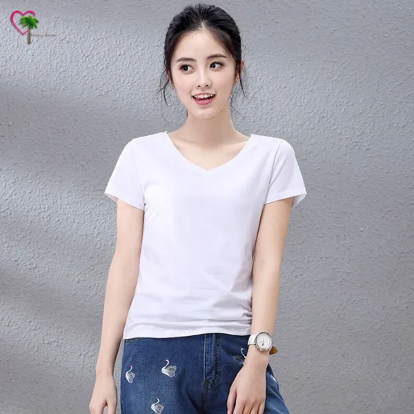 요모조모 여성 면 심플 브이넥 컬러드 반팔 티셔츠 YJS327