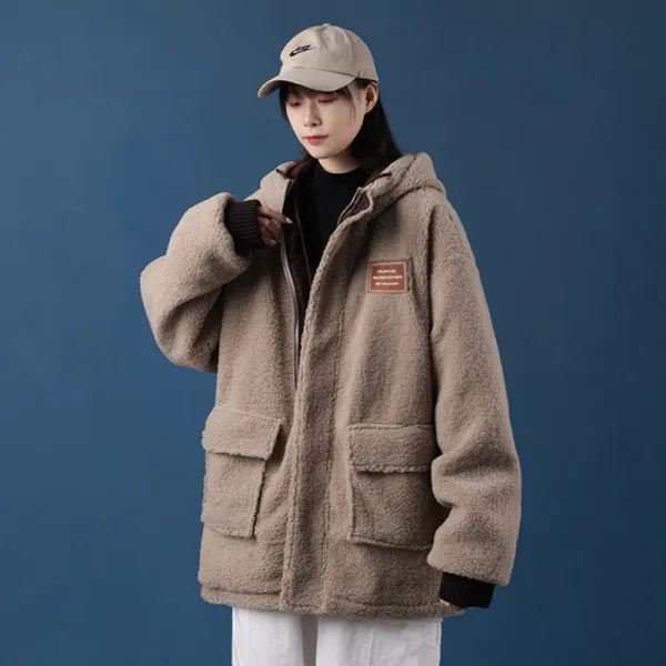 램스울 카고 패딩 코트 여성 Chic 두꺼운 카키브라운