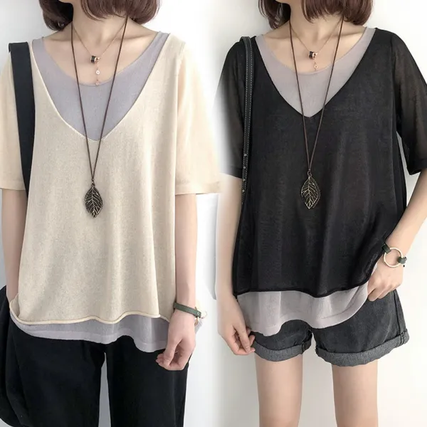 아이엠몽 여성 루즈핏 반팔 칠부 빅사이즈 니트티 레이어드 Bb228022hm 반팔티셔츠