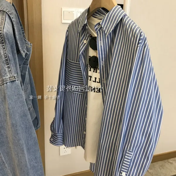 줄무늬셔츠 슬림핏 거대함 가리다 똥배 아웃라인 블루 화이트 봄계절 긴 소매 와이셔츠 여성 2703804834