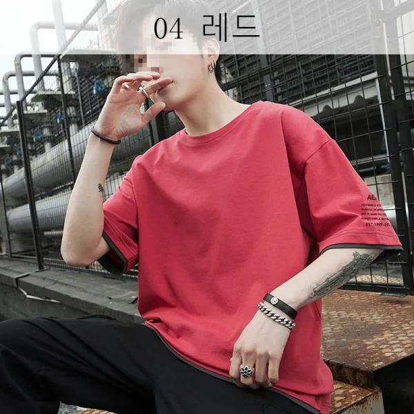 뉴타임즈 습기 단색 반팔 티셔츠 남하생 쿨넥 와이드 티셔츠 유행에 반팔 티셔츠 멋있어요 XZ31 A8, 04 레드
