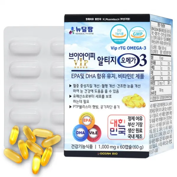 부산기장 정제어유 신선한 ViP 알티지 오메가3 [뉴딜팜] 비타민E 함유 혈액순환, 60개입, 1박스