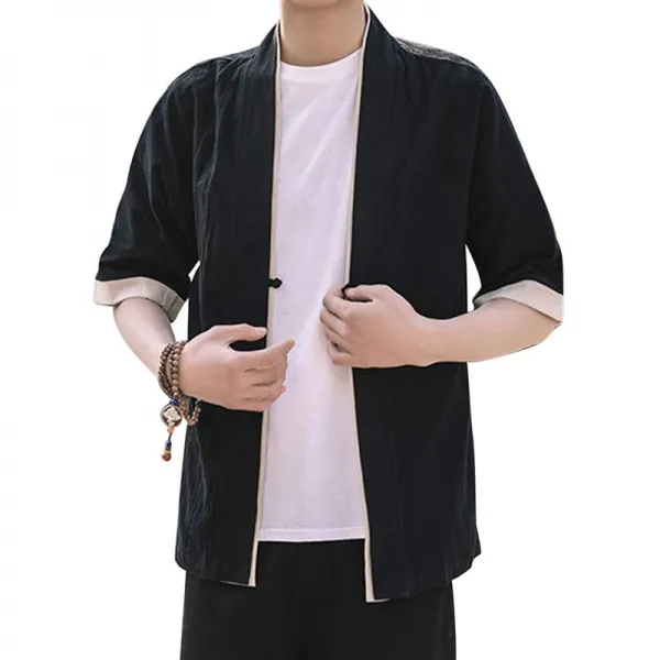  사이즈xl 남성 가디건 7 부 소매 開襟 셔츠 하오 차이나 정장 자켓 여름 일본식 탑 수도승 편안한 캐주