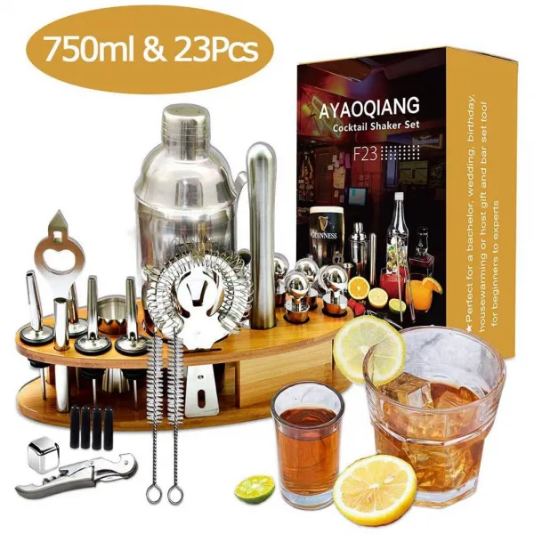 AYAOQIANG Cocktail Set Bamboo Stand 바텐더 칵테일 쉐이커 세트