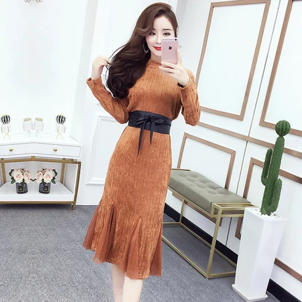 가을 겨울 새 원피스 여 슬림 미디 스커트 명원 어 언니 바람 드레스 받아 허리