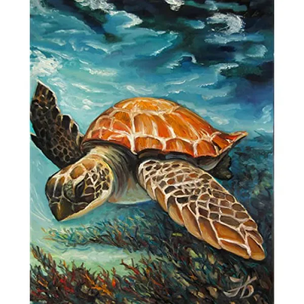 캐리비안 거북이 Ii 20x16 손 원래 유화 마린 아트 리얼리즘 예술 자연 동물 초상화 초상화 새로운 벽 장식 해양 아트