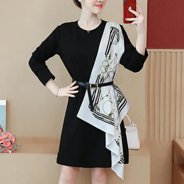 Kirahosi 가을 여성 스카프 레이어드 느낌 벨티드 원피스 + 덧신 증정 Aft7lw58