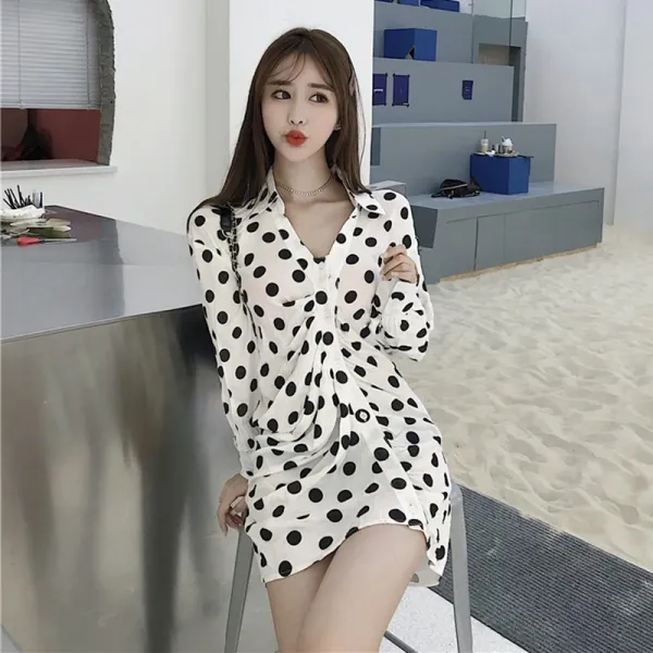 코쿤상점 긴팔섹시원 일찍이 봄 여성의류 작은 키 소매 도트 쉬폰 셔츠 슬림핏 나이트클럽