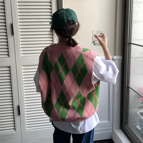 흉작이다 하우스 체크무늬 베스트 조끼 와이드 루즈핏 심플 블러킹 민소매 런닝 여성 학생 가을 트렌드 브이넥조끼