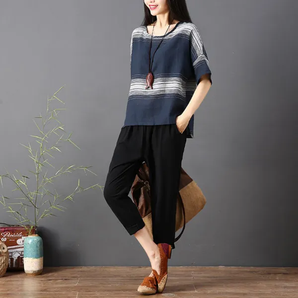 여성투피스세트 여성투피스세트 캐주얼린넨세트 라운드티셔츠+린넨바지 데일리룩세트 루즈핏빅사이즈d13