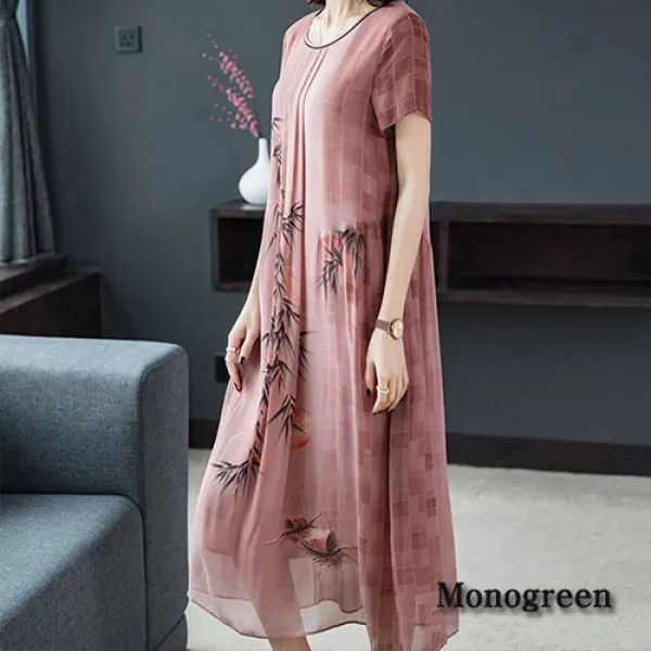 모노그린 대나무 프린팅 시스루 라운드넥 반팔원피스 드레스ssdr349