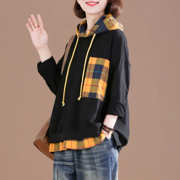 샵솔베이지 후드 티셔츠 가을 겨울 여성 캐주얼 면 체크 스웨터 후드티