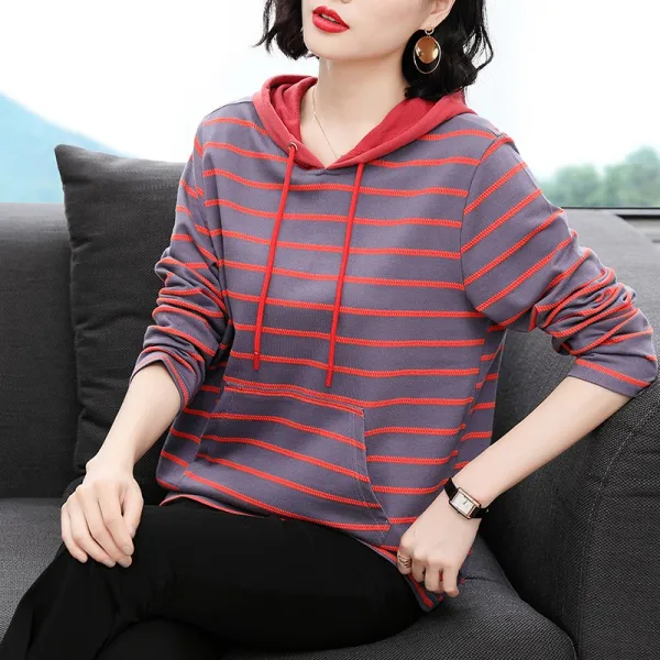 후드 져지 여 긴팔 여핏 중년 스트라이프 순면 여성 상의 춘추 얇게 캐주얼 서양기여