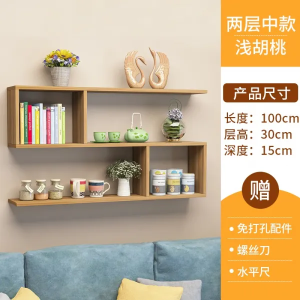 벽선반 벽면 선반 구멍뚫을필요없음 벽결이형 거실 벽장 캐비닛 모던 심플 책꽂이, T21-2층 직사각형 100깊이 15단 높이 30옅은브라운우드