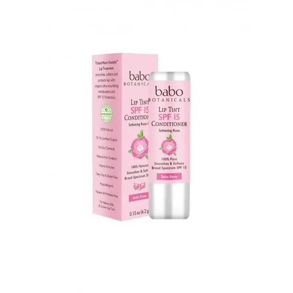 Babo Botanicals 70 + % 유기 색을 칠한 무기물 입술 조절기 SPF 15 물 저항하는 입술 크림 Seka 로즈-0.15 oz