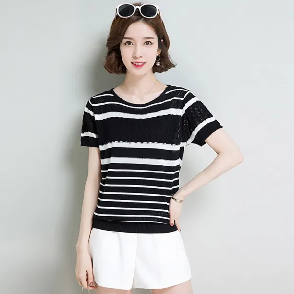 패션이루 미시 여름 니트 티셔츠 스트라이프 반팔 여성 라운드