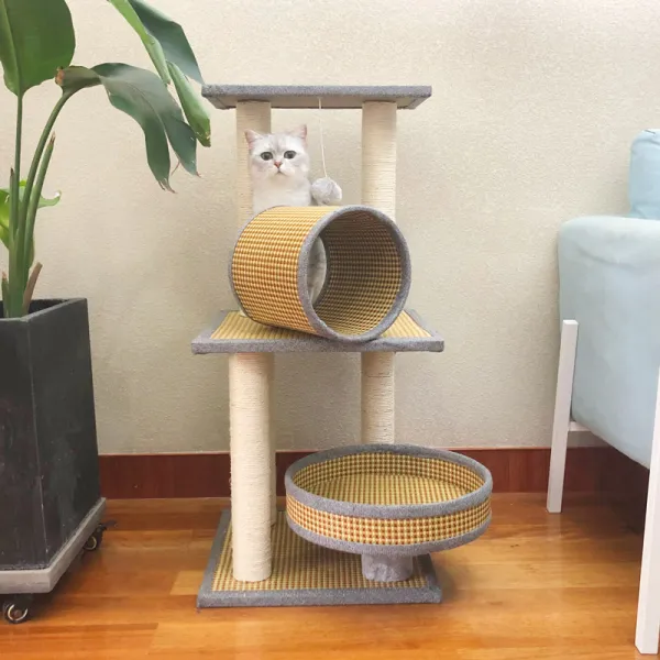 야옹마네 고양이 기어오르는 나무 선반 사계절 통용 고양이 돗자리 돗자리뛰기 나무집 고양이 별장, 10257 커피샌드 발표변 노랑 돗자리 2