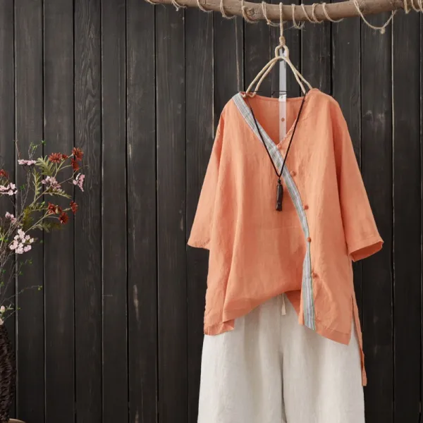 샵솔베이지 코튼 린넨 여름 여성 매듭 버클 언발 마 티셔츠 블라우스