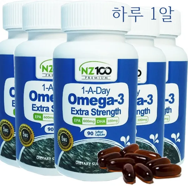 NZ100 뉴질랜드 오메가3 원어데이 엑스트라 스트렝스 소프트젤캡슐 90caps 5통, 90캡슐, 1정당 피쉬오일 오메가3 1200mg