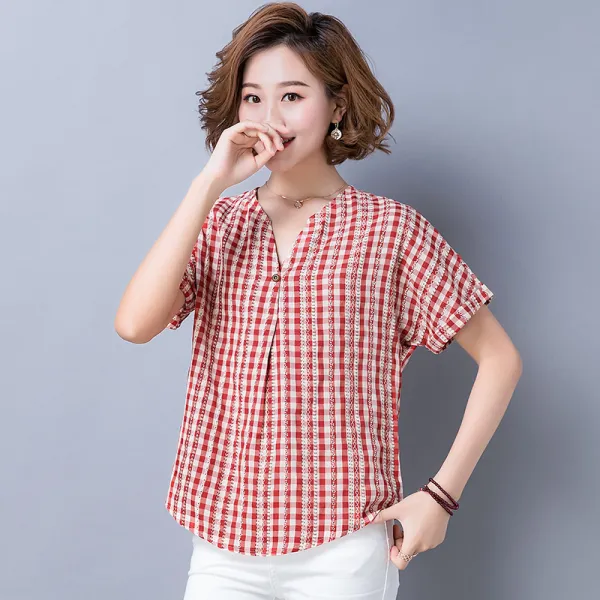 패션이루 미시 체크 반팔 셔츠 여름 여성 블라우스 캐주얼 린넨