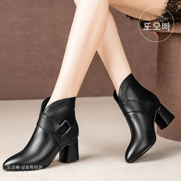도오빠 여성 가죽 부츠 앵클 부츠힐 워커 고급스러운 버클 여자부츠 가을 겨울 가죽부츠 통굽 가보시 하이힐 20대 30대 미시 패션 데일리 슈즈