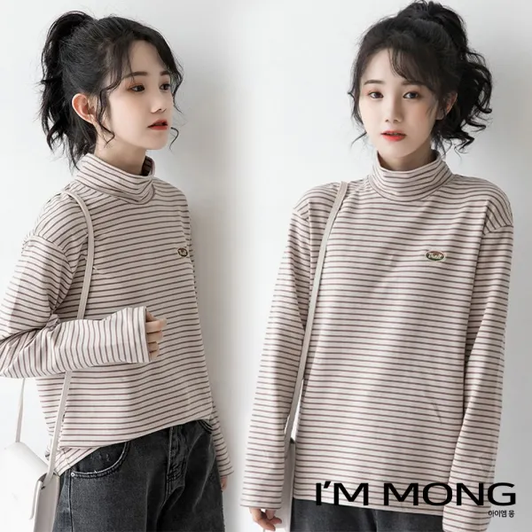 아이엠몽 여성 레이어드룩 코디하기좋은 필수템 줄무늬 목티 스트라이프 단가라 목폴라 컬러 베이지 긴팔티셔츠(BB225615HB) 긴팔 티셔츠