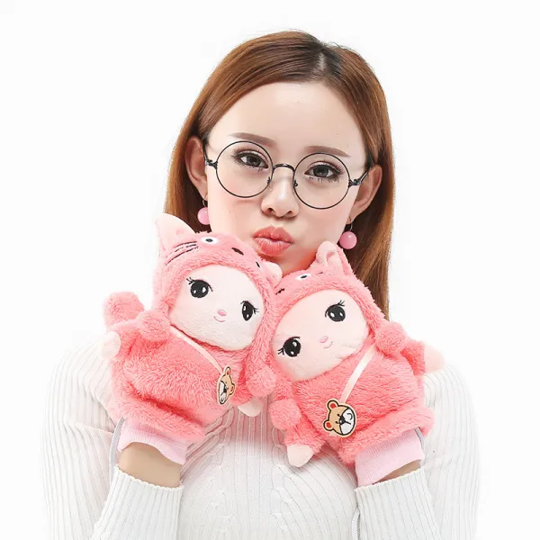 디쿠체1 털벙어리장갑 여성 겨울 가을 면 보온 스위트 두꺼운 큐트 노출 다섯 손가락의 누이동생 인싸템 핑크 핑크